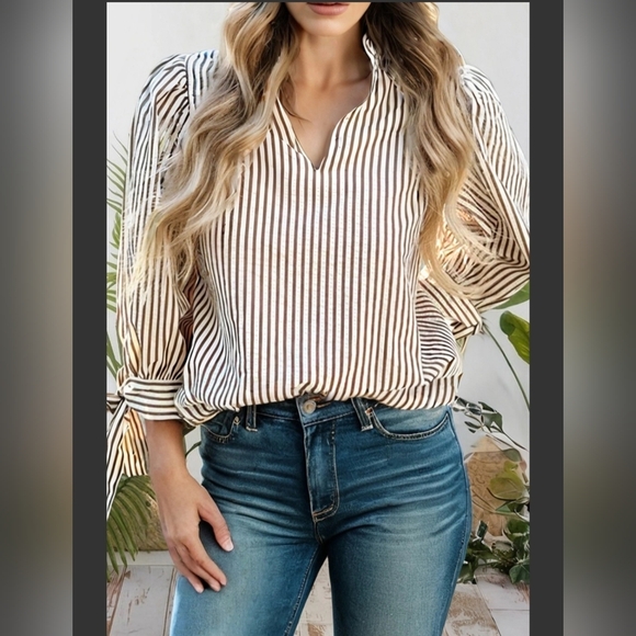 99 Disco Tops - 99 Disco Striped Frill V-Neck Bracelet Sleeve Blouse